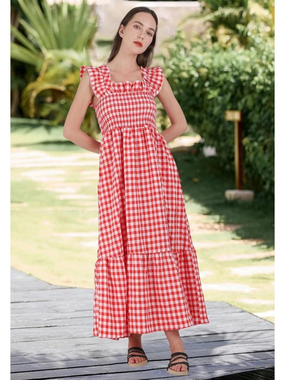 〽️Women's Red Retro Plaid Smocked Spaghetti Strap Flounce Long Maxi Dress